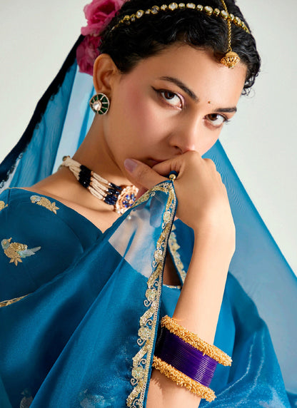 Shaded Peacock Blue & Purple Organza Tissue Designer Saree