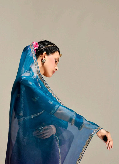 Shaded Peacock Blue & Purple Organza Tissue Designer Saree