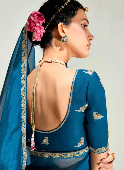 Shaded Peacock Blue & Purple Organza Tissue Designer Saree