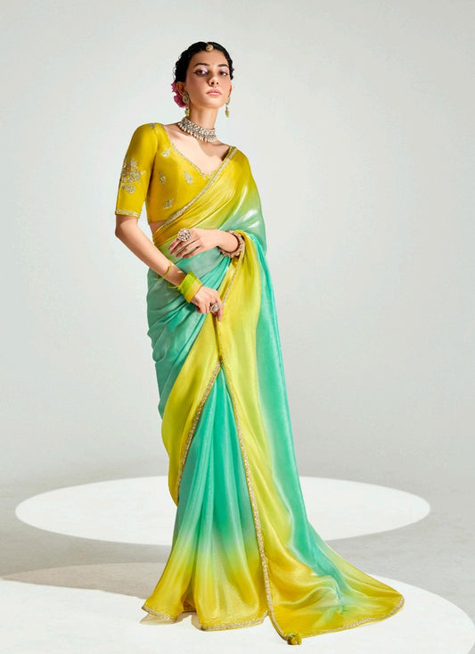 Shaded Lemon Yellow & Pista Organza Tissue Designer Saree