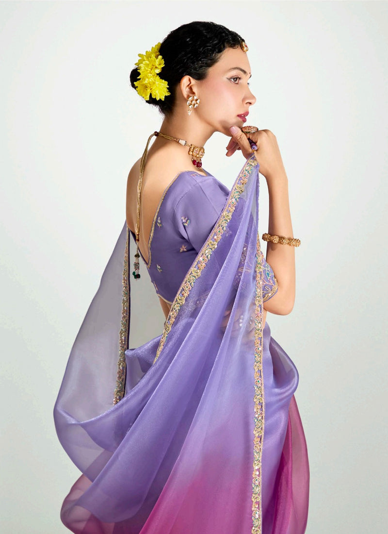 Shaded Lavender & Wine Organza Tissue Designer Saree