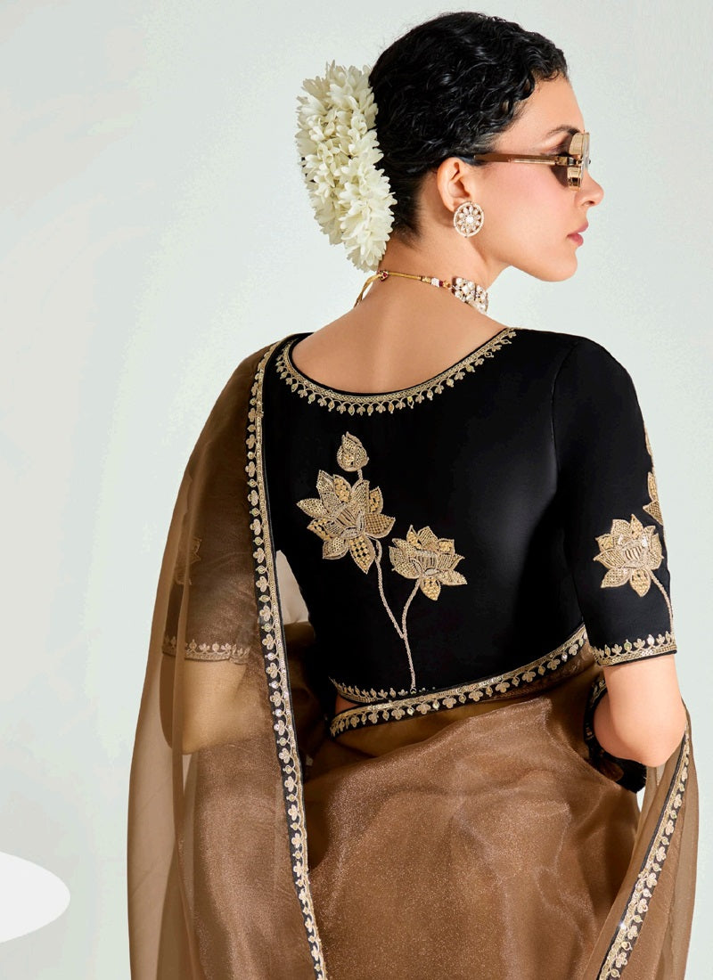 Shaded Brown & Black Organza Tissue With Designer Saree