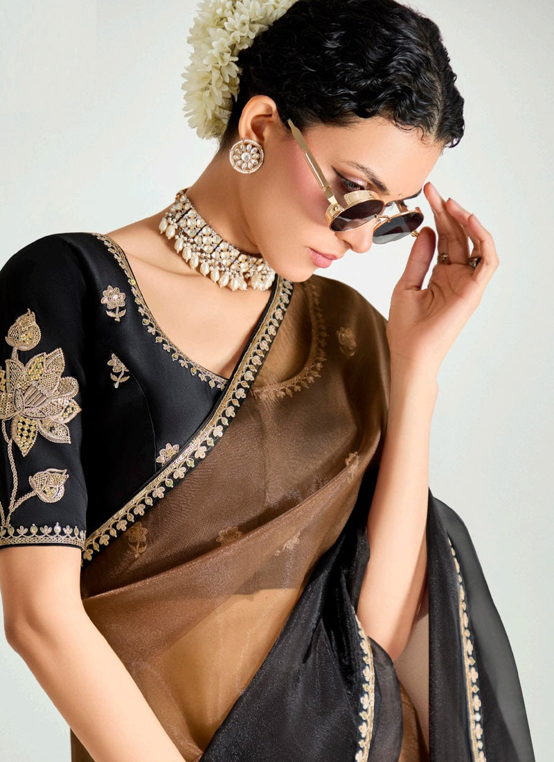 Shaded Brown & Black Organza Tissue With Designer Saree