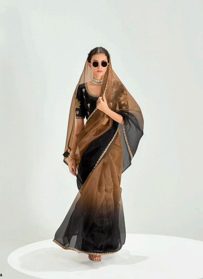 Shaded Brown & Black Organza Tissue With Designer Saree