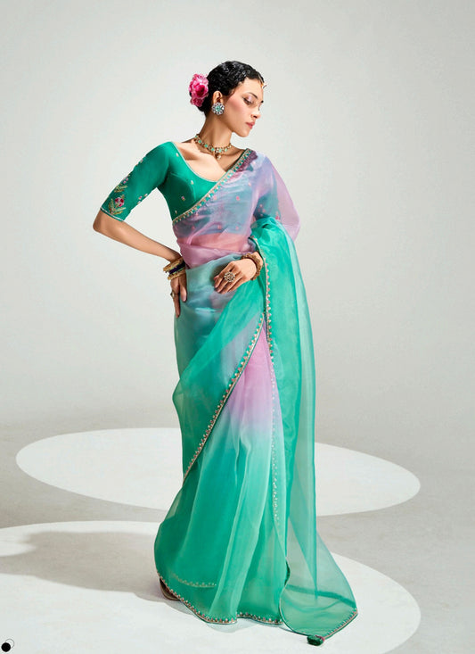Shaded Pink & Turquoise Organza Tissue Border Designer Saree