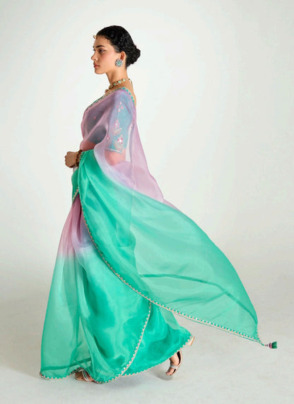 Shaded Pink & Turquoise Organza Tissue Border Designer Saree