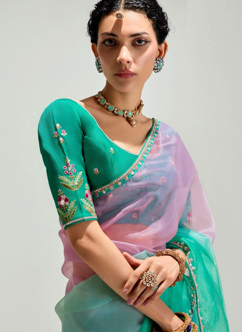 Shaded Pink & Turquoise Organza Tissue Border Designer Saree