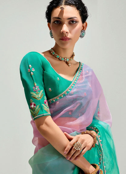 Shaded Pink & Turquoise Organza Tissue Border Designer Saree