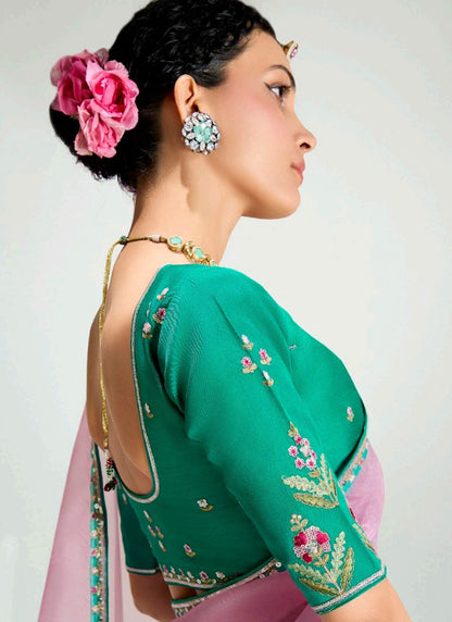 Shaded Pink & Turquoise Organza Tissue Border Designer Saree