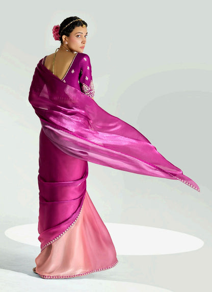 Shaded Mageta & Baby Pink Organza Tissue Designer Saree
