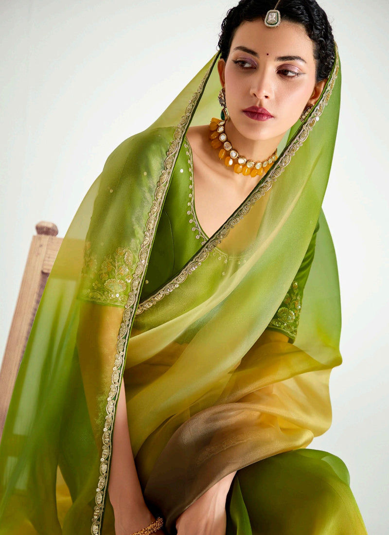 Shaded Olive & Mustard Organza Tissue Designer Saree