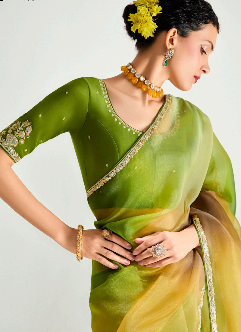 Shaded Olive & Mustard Organza Tissue Designer Saree