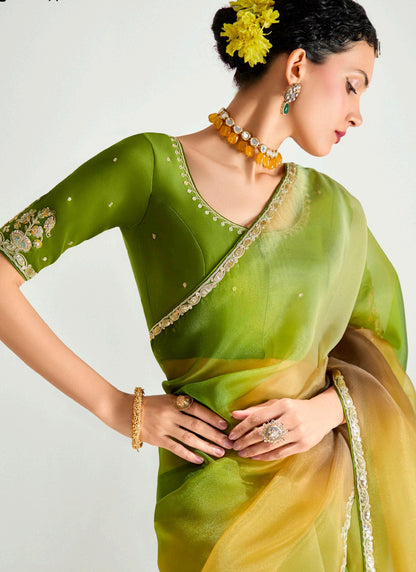 Shaded Olive & Mustard Organza Tissue Designer Saree