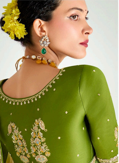 Shaded Olive & Mustard Organza Tissue Designer Saree