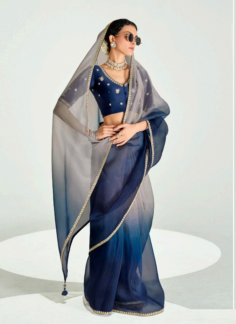 Shaded Gray & Navy Blue Organza Tissue Designer Saree