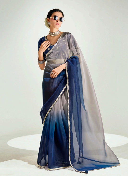 Shaded Gray & Navy Blue Organza Tissue Designer Saree