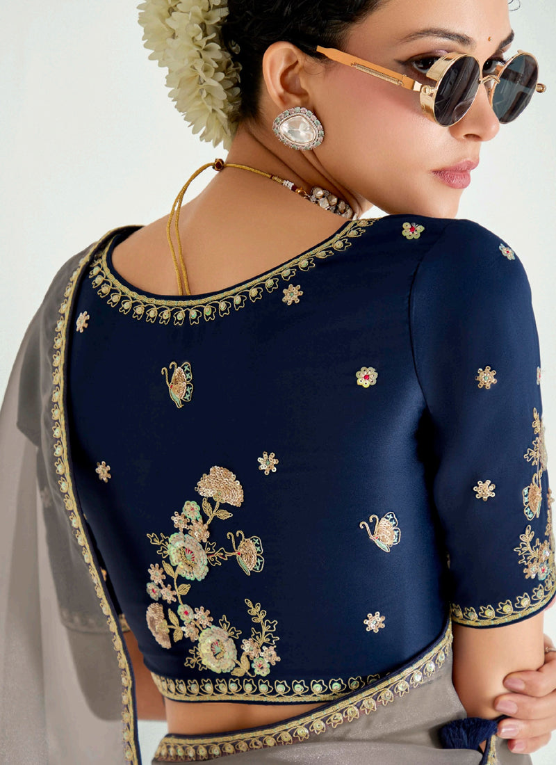 Shaded Gray & Navy Blue Organza Tissue Designer Saree