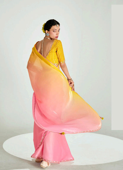 Shaded Mustard & Baby Pink Organza Tissue Designer Saree