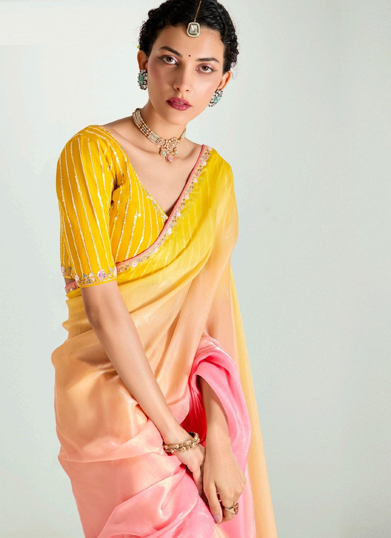Shaded Mustard & Baby Pink Organza Tissue Designer Saree