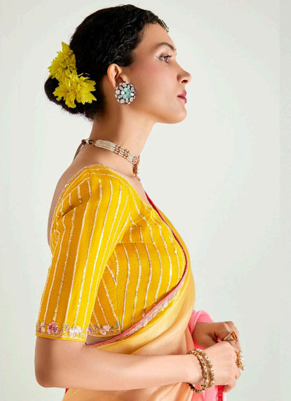 Shaded Mustard & Baby Pink Organza Tissue Designer Saree