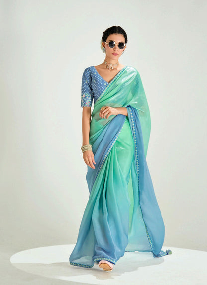 Shaded Turquoise & Sky Blue Organza Tissue Designer Saree