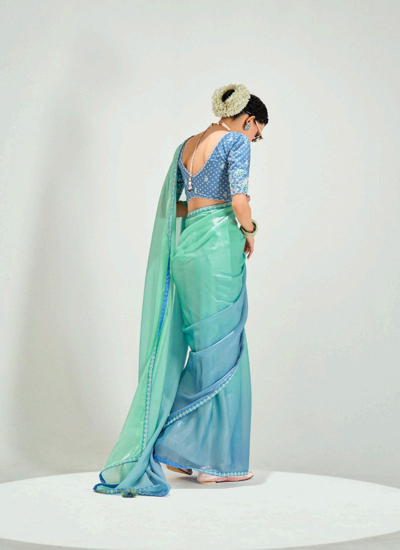 Shaded Turquoise & Sky Blue Organza Tissue Designer Saree