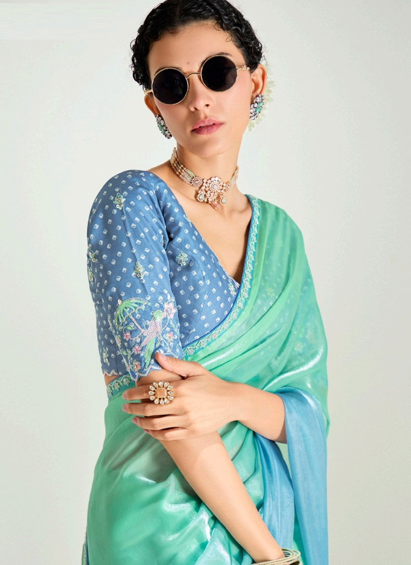 Shaded Turquoise & Sky Blue Organza Tissue Designer Saree