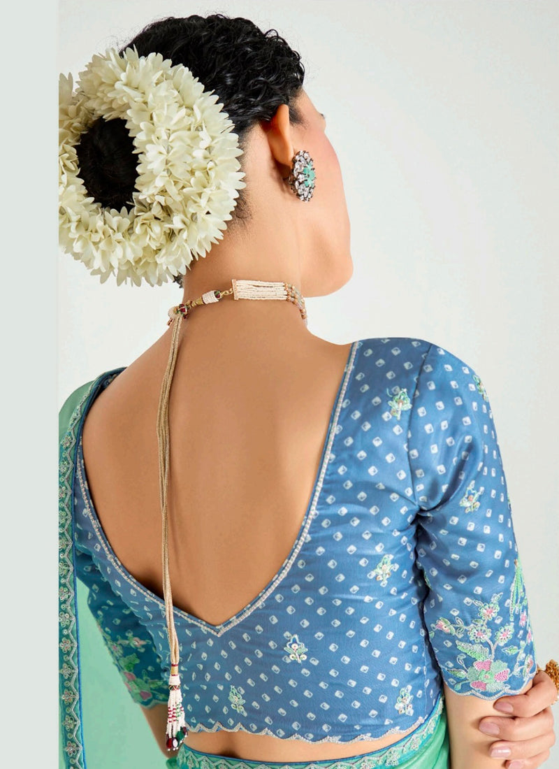 Shaded Turquoise & Sky Blue Organza Tissue Designer Saree