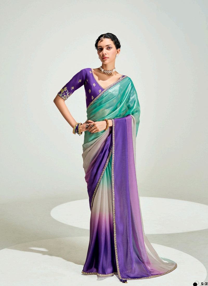Shaded Turquoise & Purple Organza Tissue Designer Saree