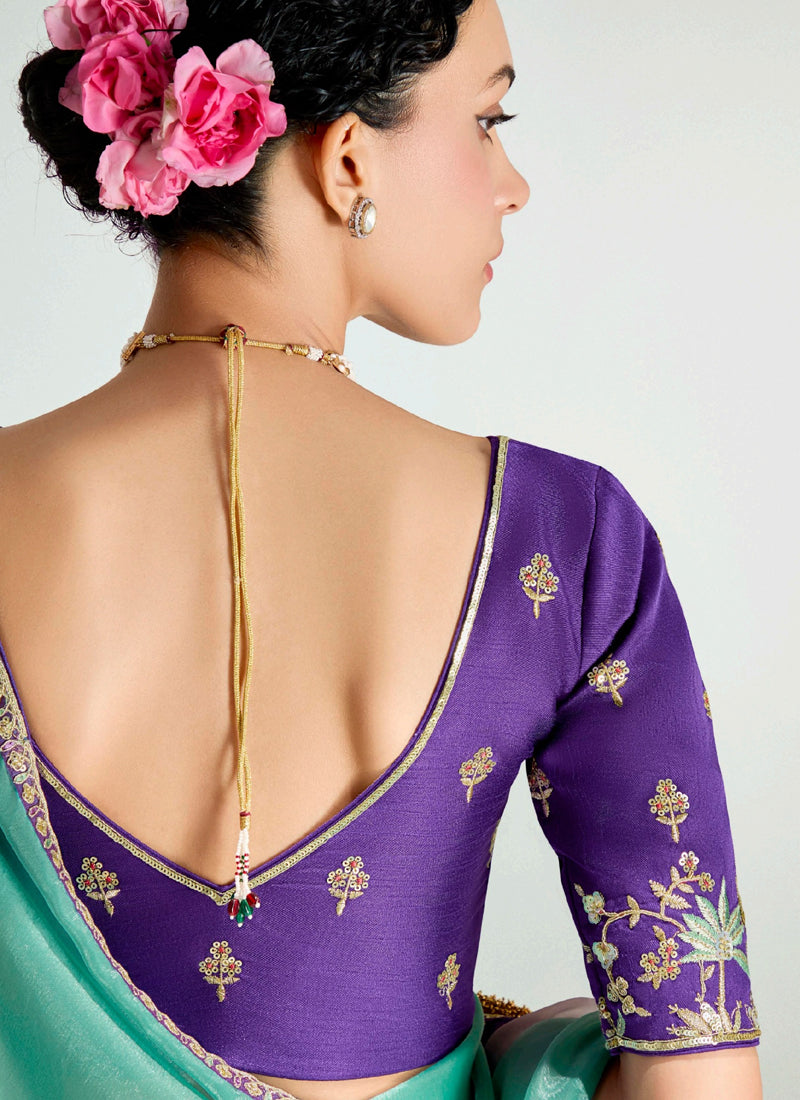 Shaded Turquoise & Purple Organza Tissue Designer Saree