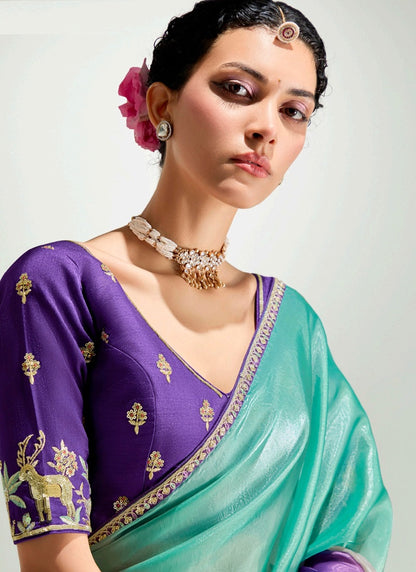 Shaded Turquoise & Purple Organza Tissue Designer Saree