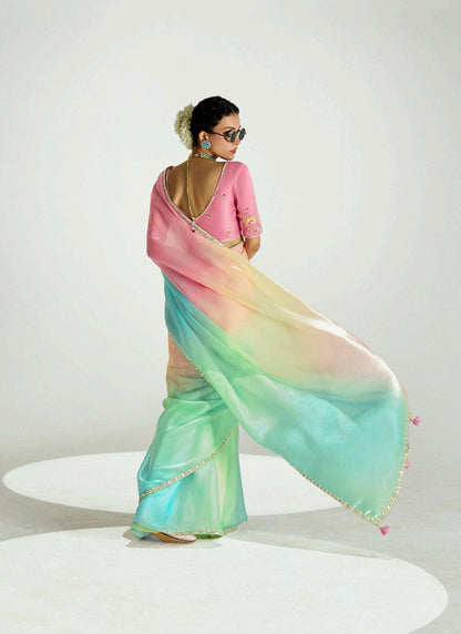 Shaded Baby Pink, Cream & Turquoise Organza Tissue Border Designer Saree