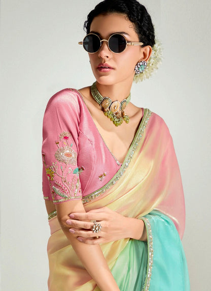 Shaded Baby Pink, Cream & Turquoise Organza Tissue Border Designer Saree