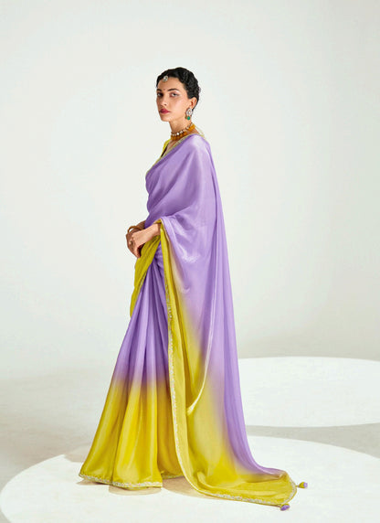 Shaded Lavender  & Lemon Organza Tissue Designer Saree