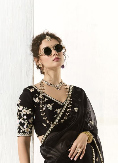 Black Glass Tissue Silk Sequence Party Wear Saree