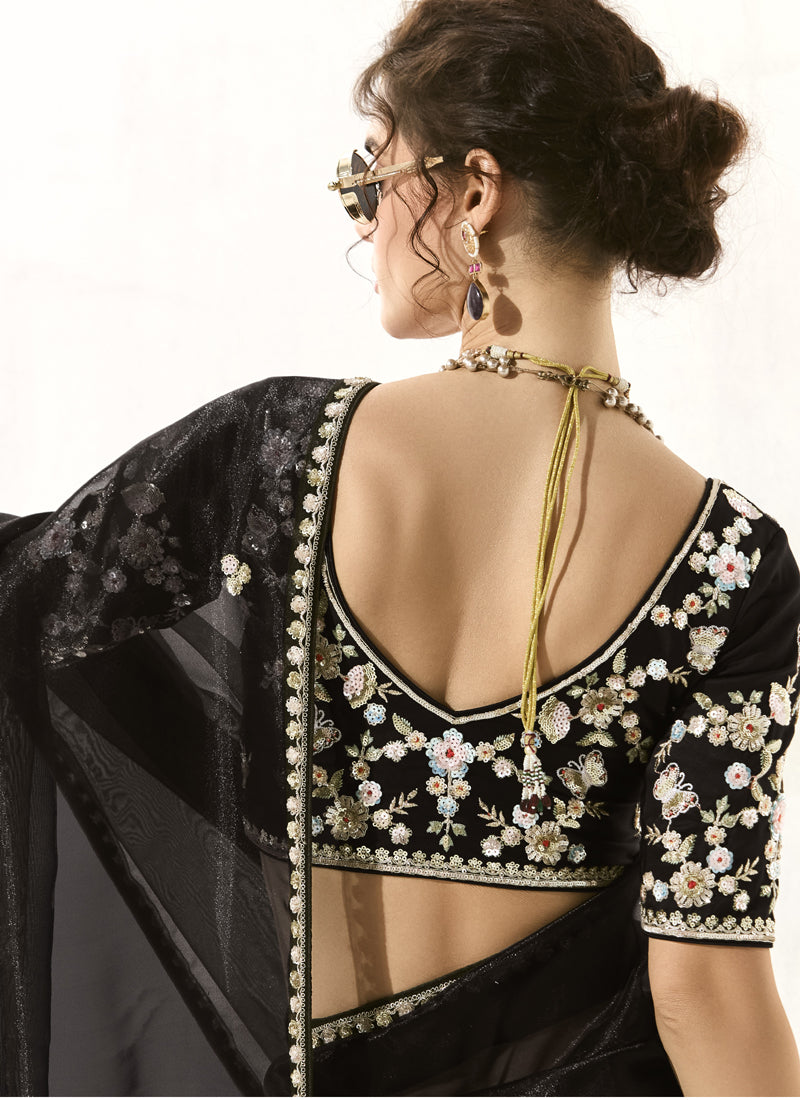 Black Glass Tissue Silk Sequence Party Wear Saree