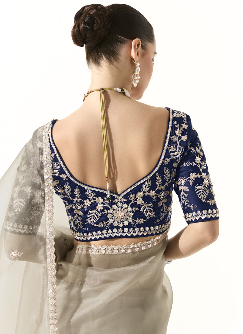 Gray Glass Tissue Silk Sequence Party Wear Saree