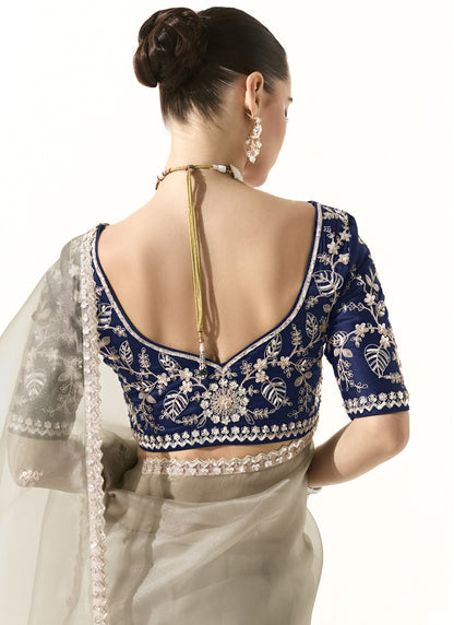 Gray Glass Tissue Silk Sequence Party Wear Saree