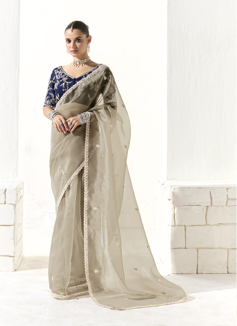 Gray Glass Tissue Silk Sequence Party Wear Saree