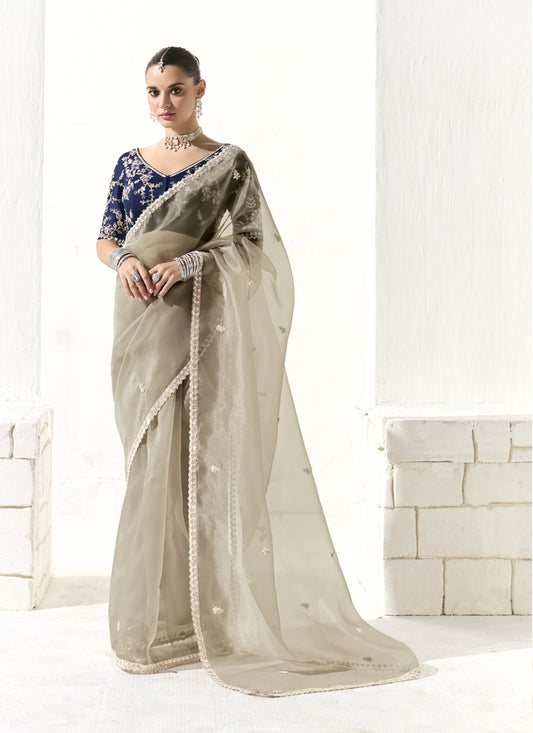 Gray Glass Tissue Silk Sequence Party Wear Saree