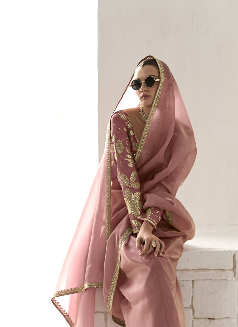 Peach Glass Tissue Silk Sequence Party Wear Saree