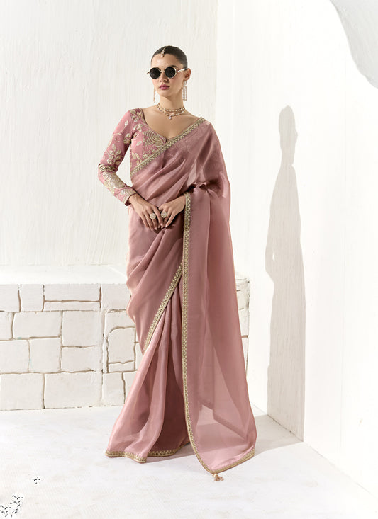 Peach Glass Tissue Silk Sequence Party Wear Saree