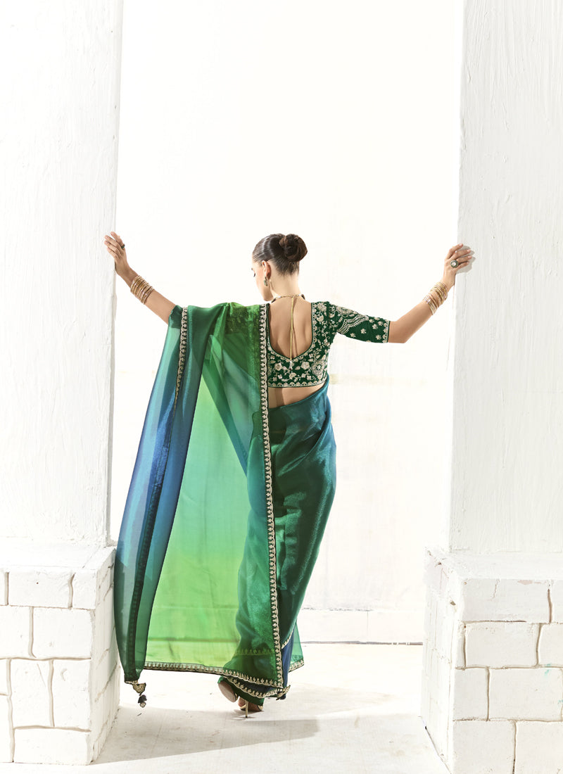 Shaded Green & Navy Blue Glass Tissue Silk Party Wear Saree