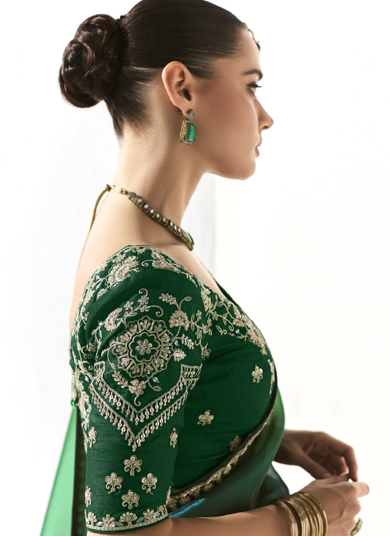 Shaded Green & Navy Blue Glass Tissue Silk Party Wear Saree