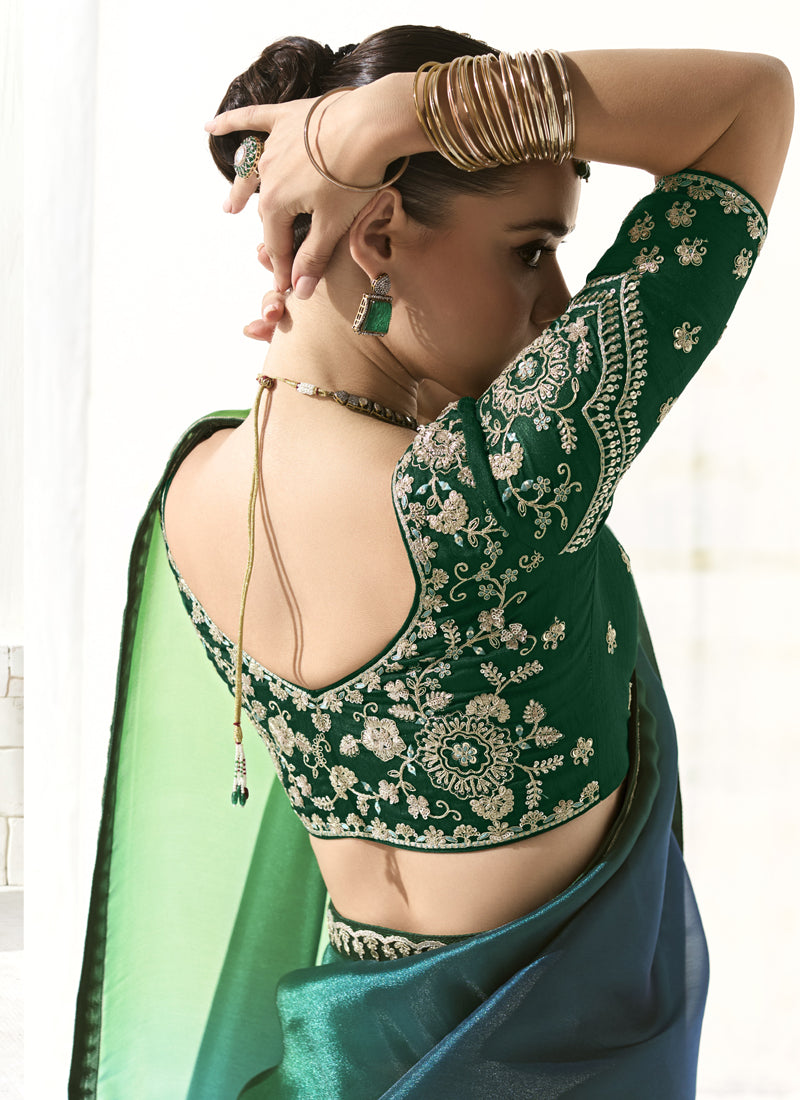 Shaded Green & Navy Blue Glass Tissue Silk Party Wear Saree