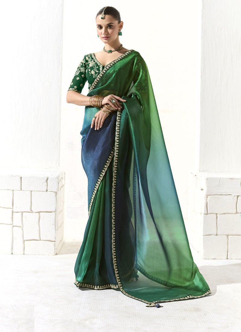 Shaded Green & Navy Blue Glass Tissue Silk Party Wear Saree