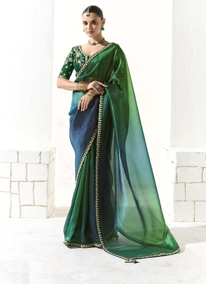 Shaded Green & Navy Blue Glass Tissue Silk Party Wear Saree