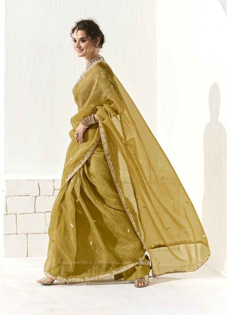 Mustard Glass Tissue Silk Sequence Party Wear Saree