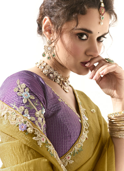Mustard Glass Tissue Silk Sequence Party Wear Saree