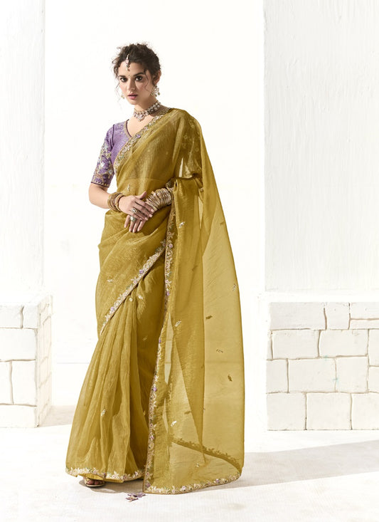 Mustard Glass Tissue Silk Sequence Party Wear Saree